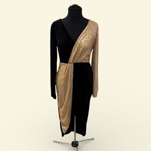 Elegant Black and Gold Sequin Wrap Dress